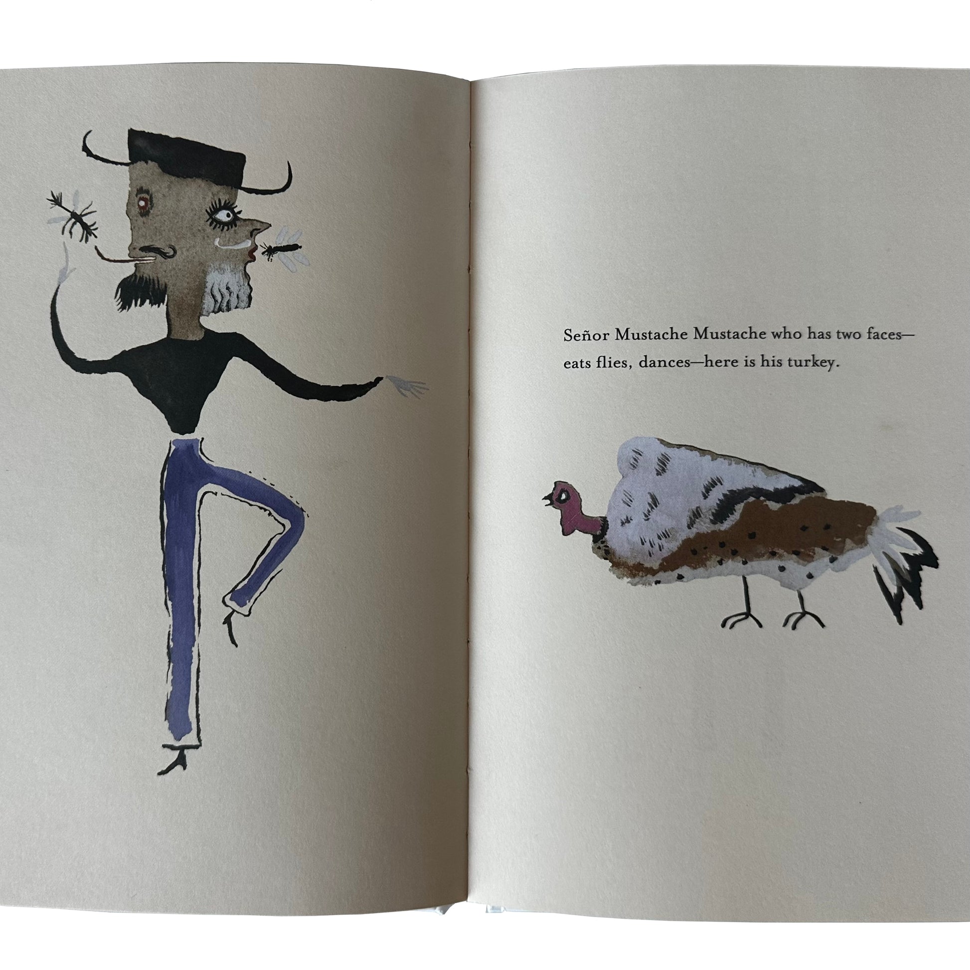 Open copy of The Milk of Dreams with illustrations of a character with a mustache and a turkey, accompanied by text.