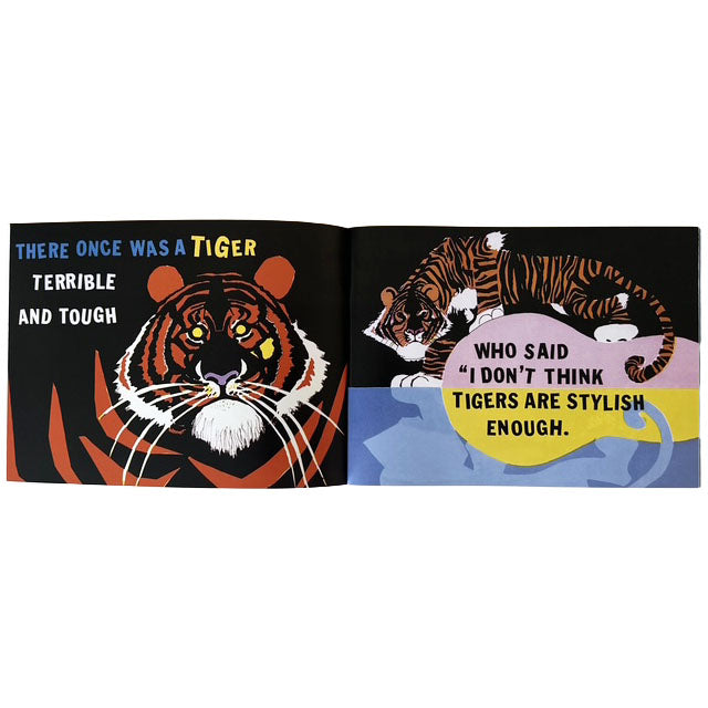 Open copy of The Tiger Who Wore White Gloves with illustrations of a tiger and text on a white background