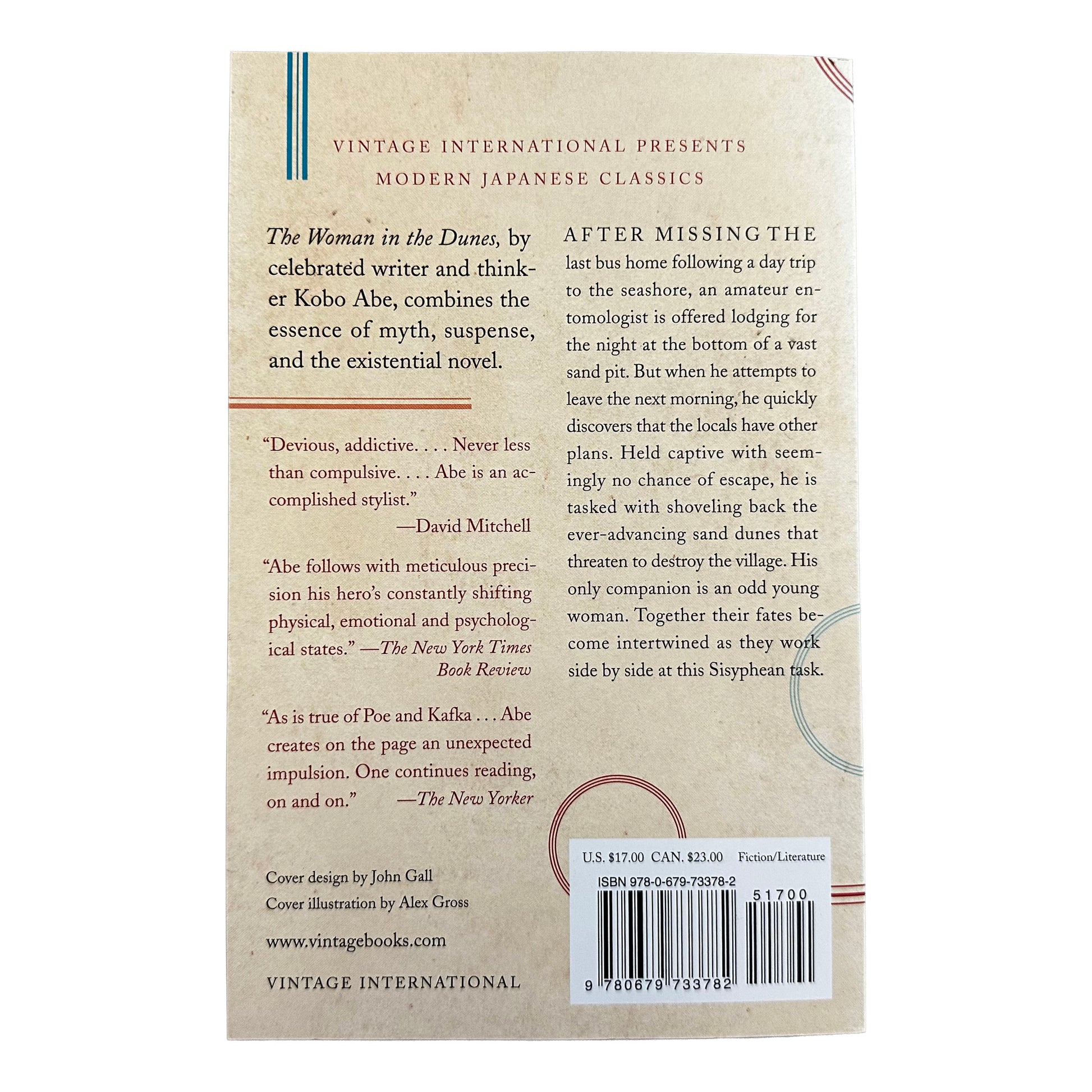 Back cover of The Woman in the Dunes with text and a barcode on a beige background