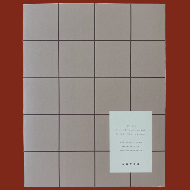 Grid pink notebook with a Notem product card on a red background