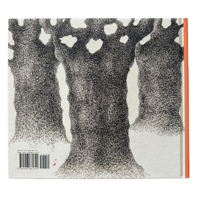Back cover of Who Will Make the Snow?with black and white tree illustration on a white background