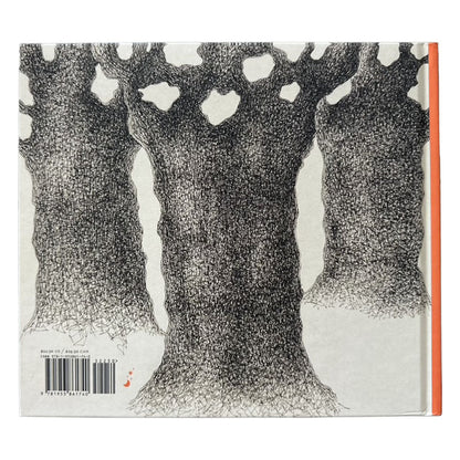 Back cover of Who Will Make the Snow?with black and white tree illustration on a white background