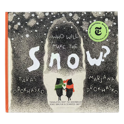 Book cover of 'Who Will Make the Snow?' with black and white illustrations and a green New York Times logo.