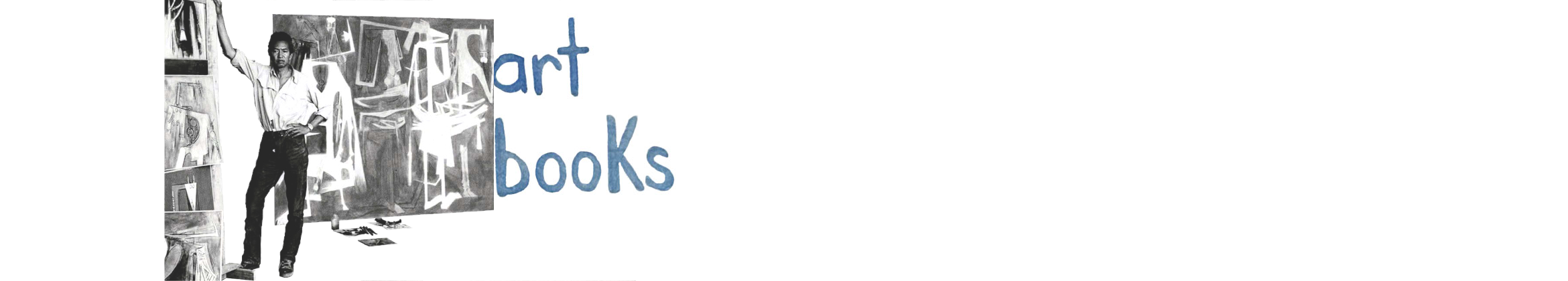 Text 'art books' with a black and white illustration of a person beside artworks against a white background