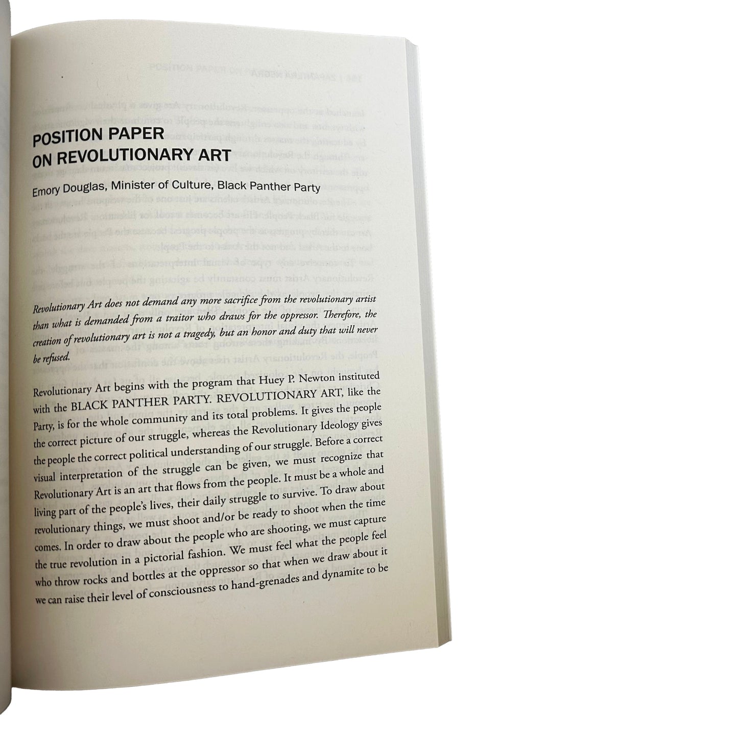 Open Zapantera Negra displaying a position paper on revolutionary art by Emory Douglas.