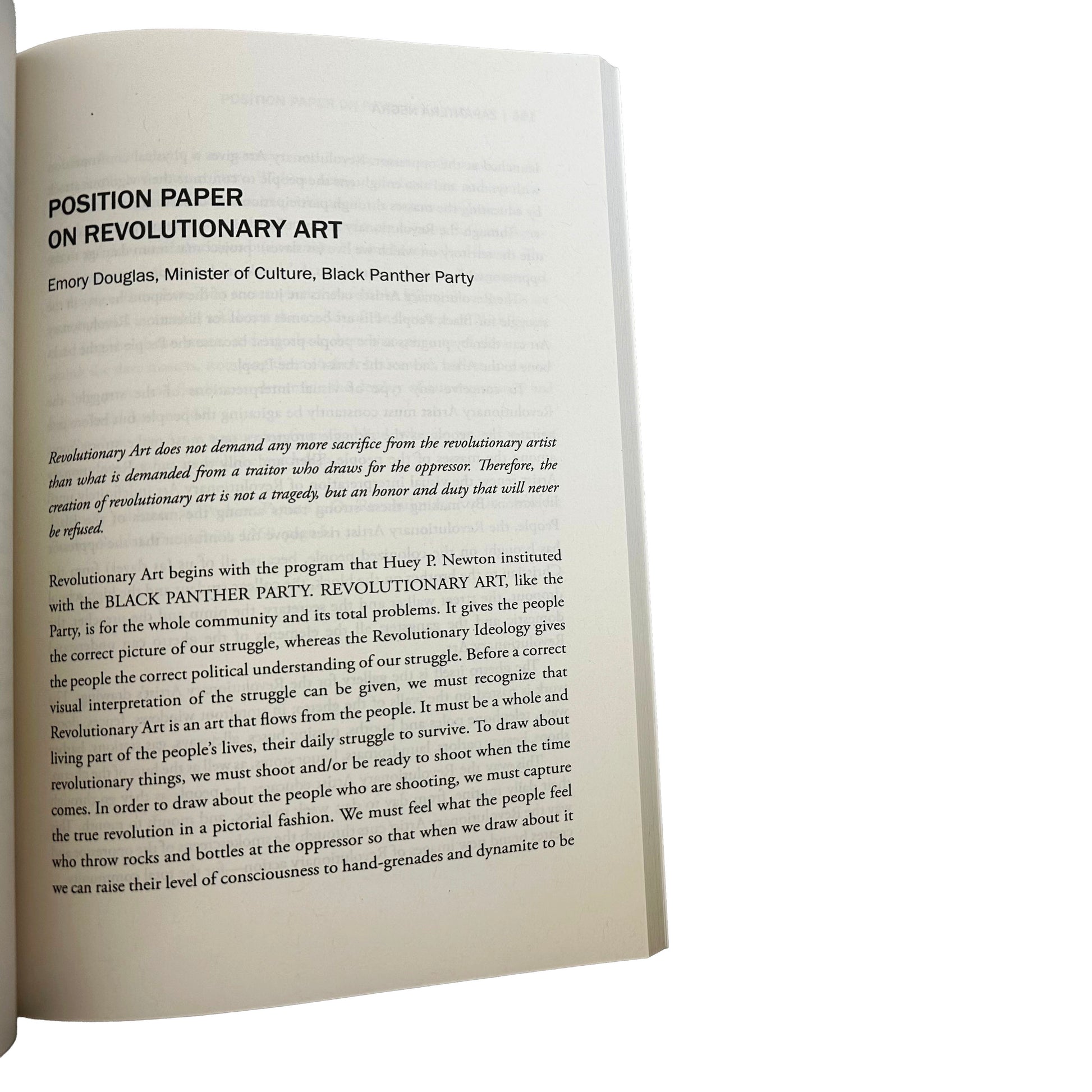 Open Zapantera Negra displaying a position paper on revolutionary art by Emory Douglas.