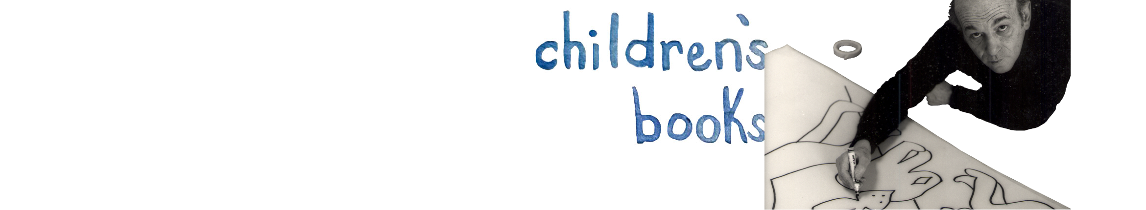 Children's books banner with an artist drawing on paper